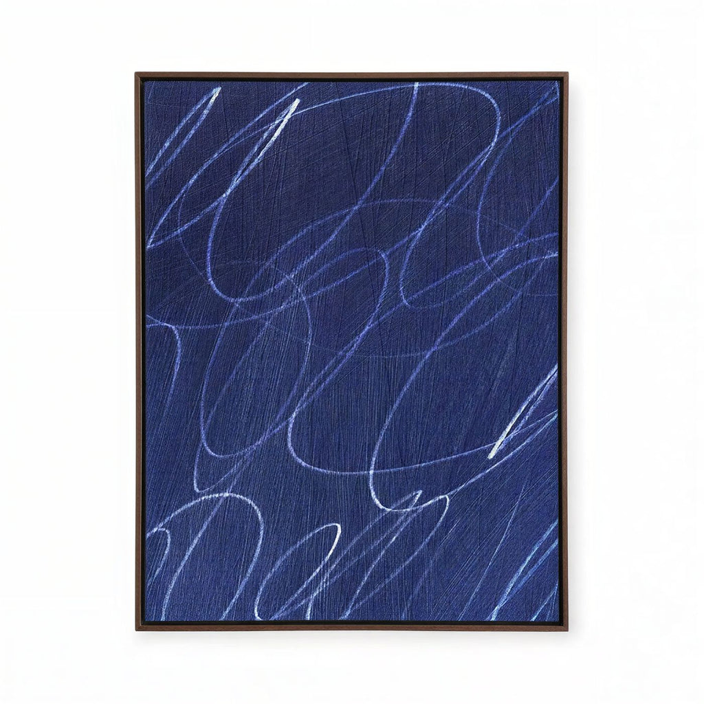 Gestural Marks in Deep Ocean Framed Canvas Wall Art